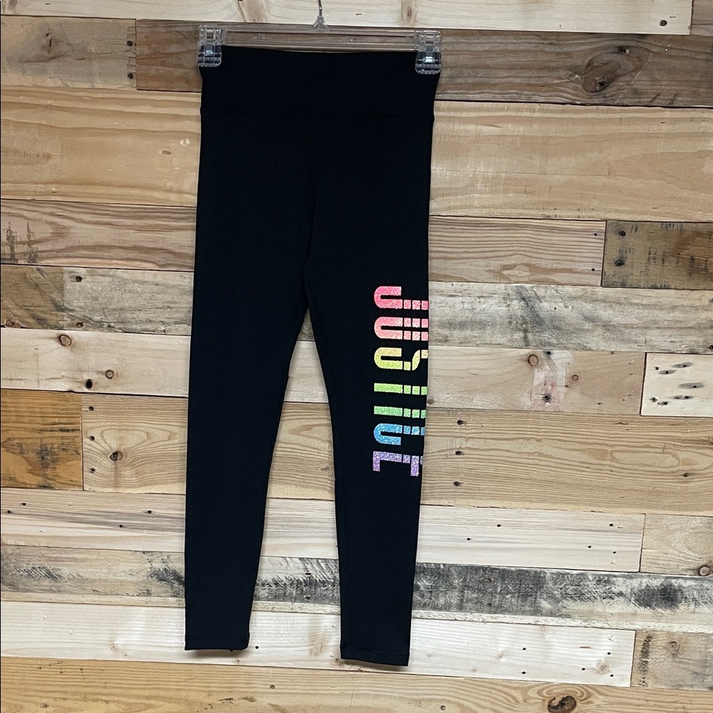 Justice size 12 Black Buttery Soft Leggings with Sparkly Rainbow Logo Print